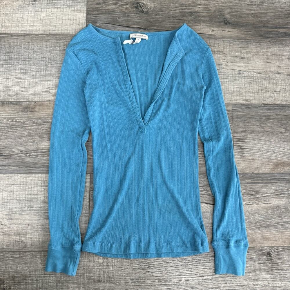 Aeropostale Teal Ribbed Long Sleeve Henley Top